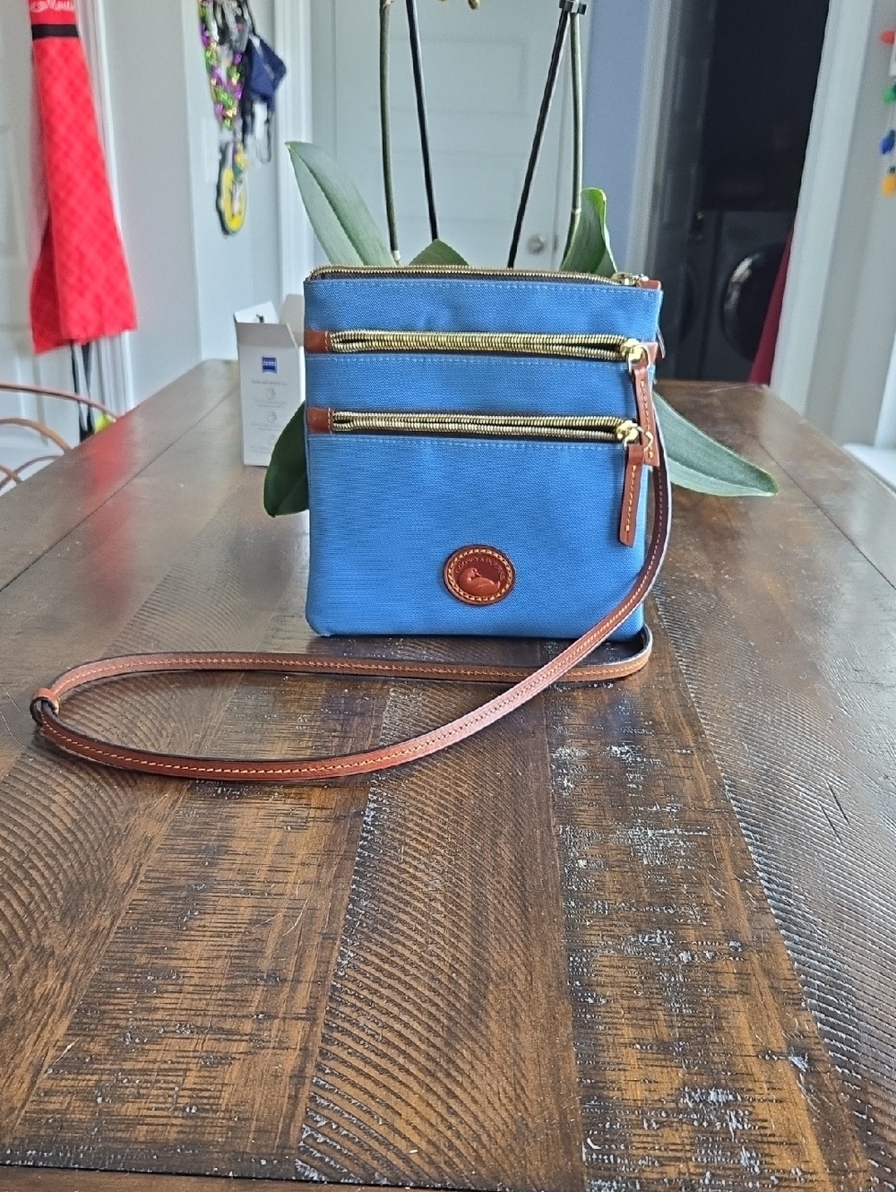 Dooney & Bourke Blue Canvas Crossbody with Brown Leather Trim